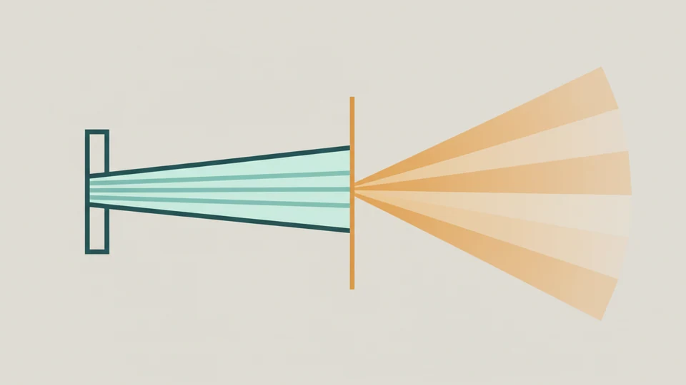 Diagrama esquemático: haz de luz más enfocado frente a luz más dispersa, sin marcas comerciales ni texto.