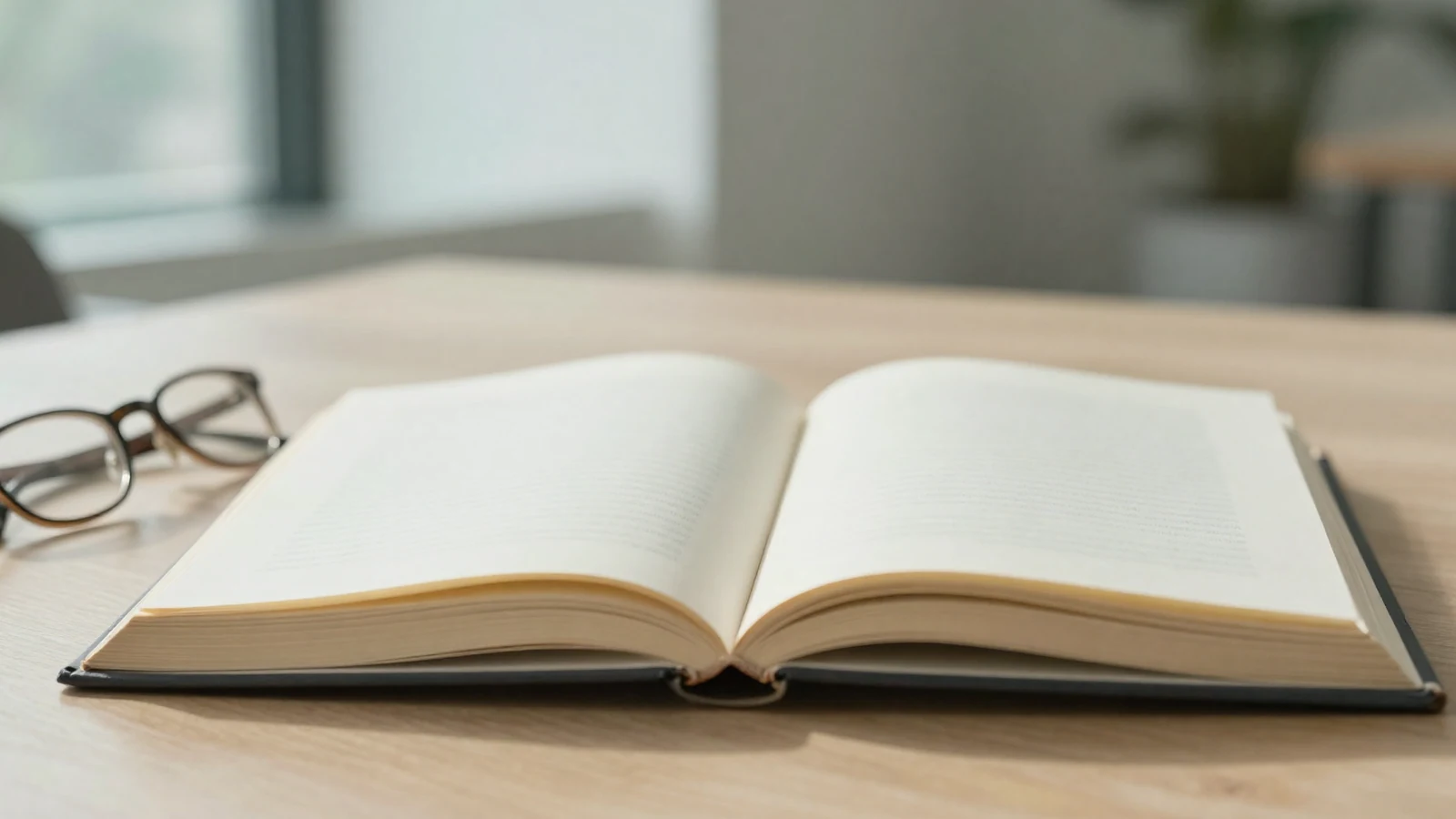 Libro abierto con páginas en blanco y gafas sobre mesa, ambiente de lectura tranquilo.