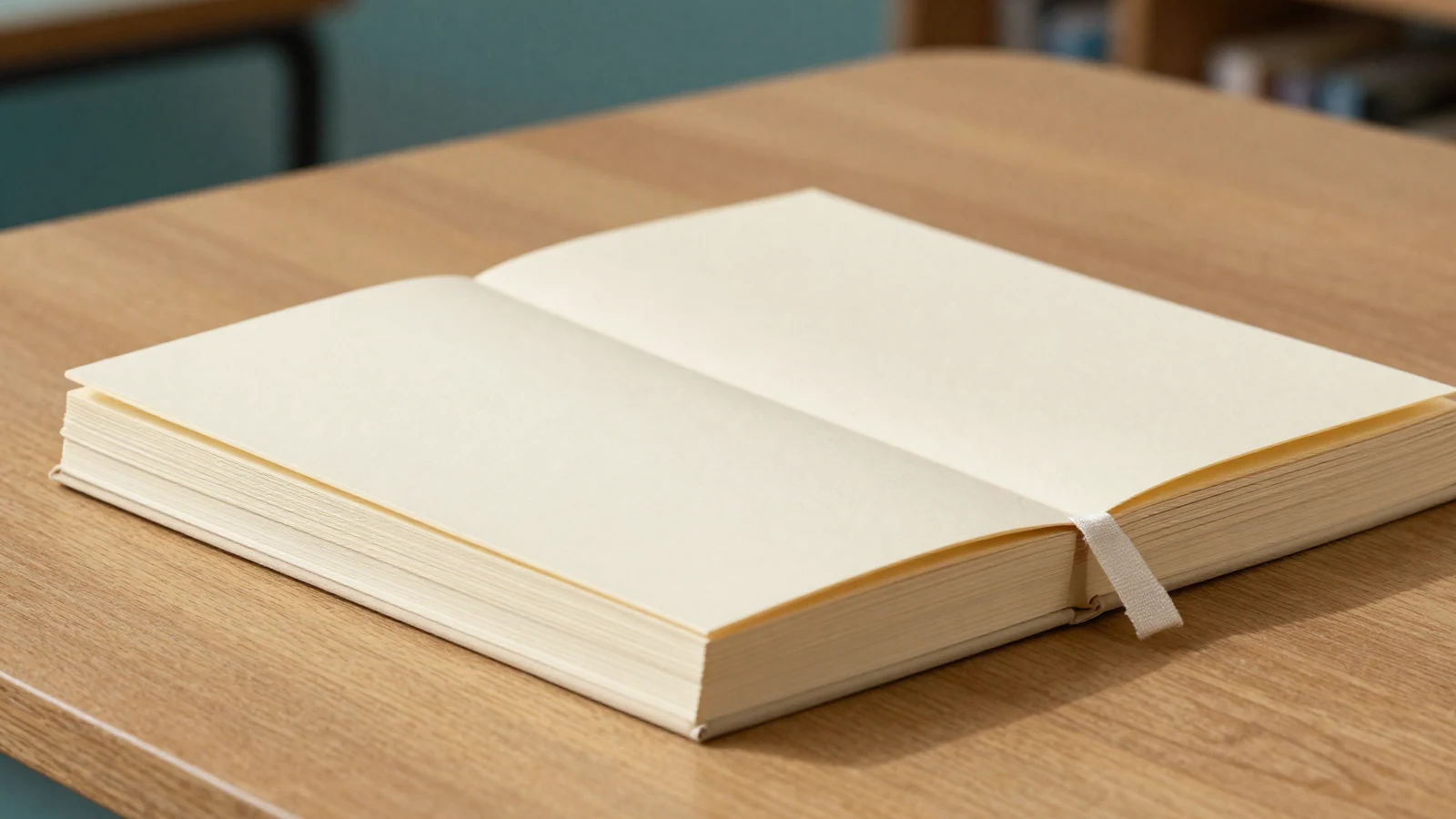 Cuadernos editoriales en blanco con marcapáginas sobre mesa de madera.