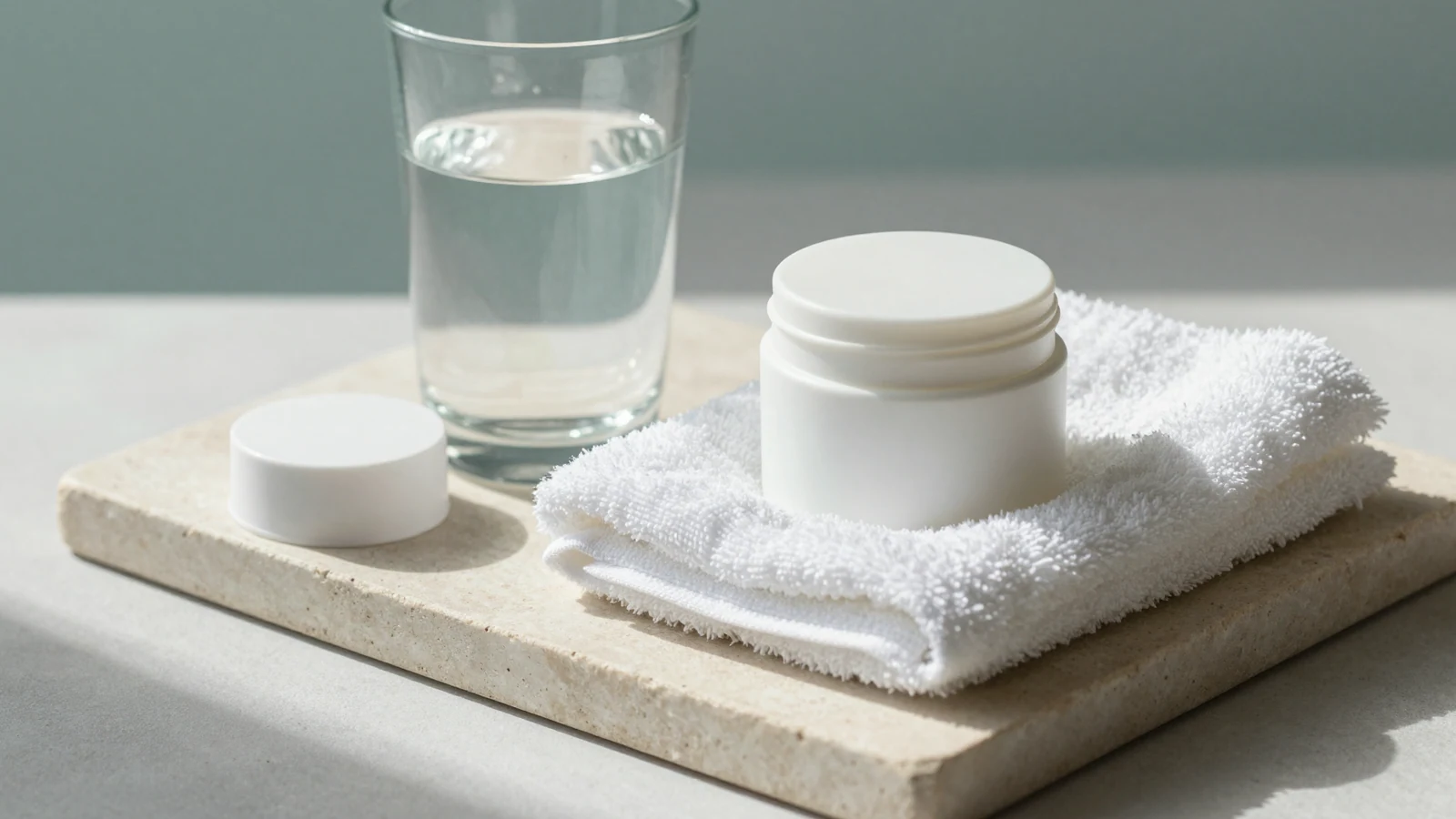 Toalla, agua y productos sin etiqueta en un ambiente de preparación calmado.
